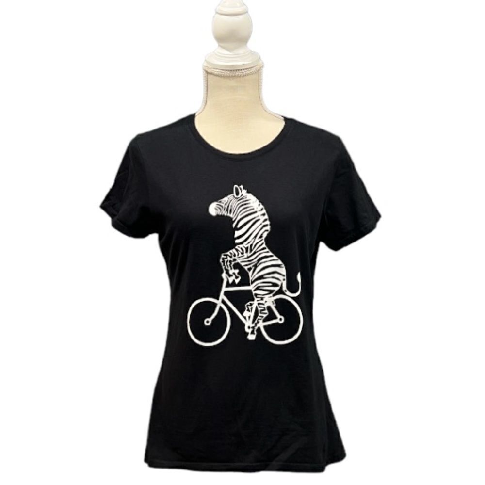 Black T-Shirt Zebra on a Bike Size Small